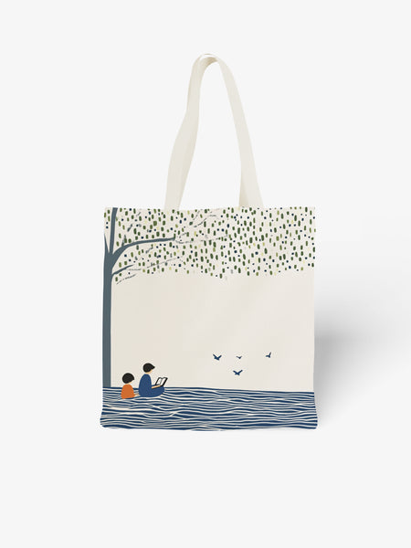 Reading by the Tree Tote Bag, Nature - Inspired Canvas Tote