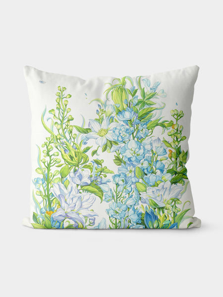 Blue Floral Throw Pillow, Watercolor Flower Cushion for Home Decor