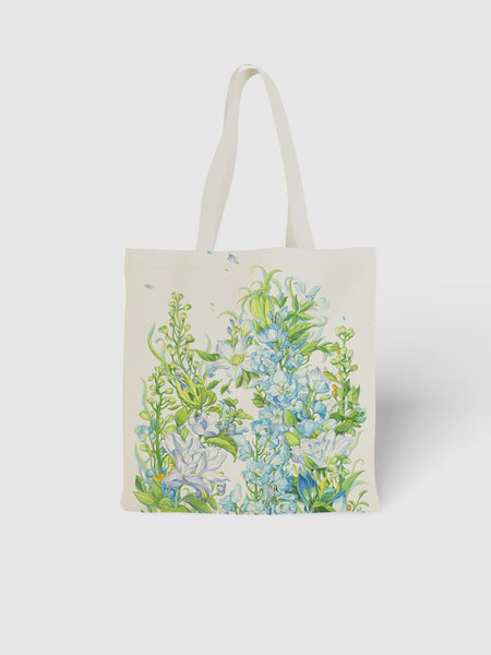 Blue Floral Arch Canvas Tote Bag, Serene Flower Print Shoulder Bag for Daily Use