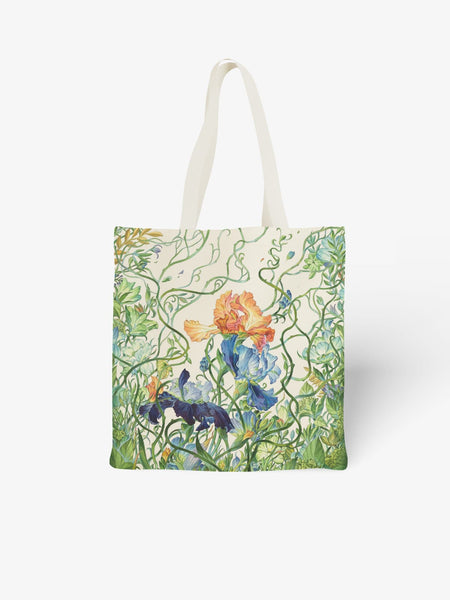 Art Nouveau Floral Canvas Tote Bag, Iris Flower Print Shoulder Bag for Daily Use