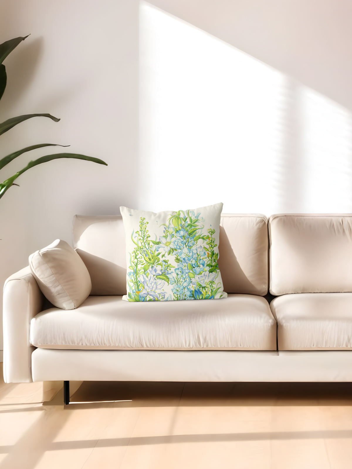 Blue Floral Throw Pillow, Watercolor Flower Cushion for Home Decor