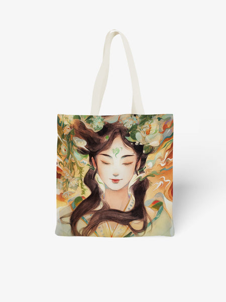 Artistic Woman Portrait Canvas Tote Bag, Boho - Style Floral Girl Shoulder Bag for Daily Use