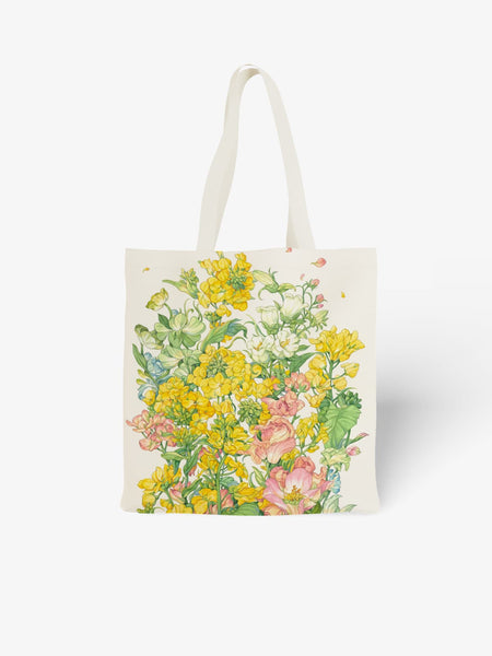 Vibrant Yellow & Pink Floral Canvas Tote Bag, Cheerful Flower Print Shoulder Bag for Daily Use