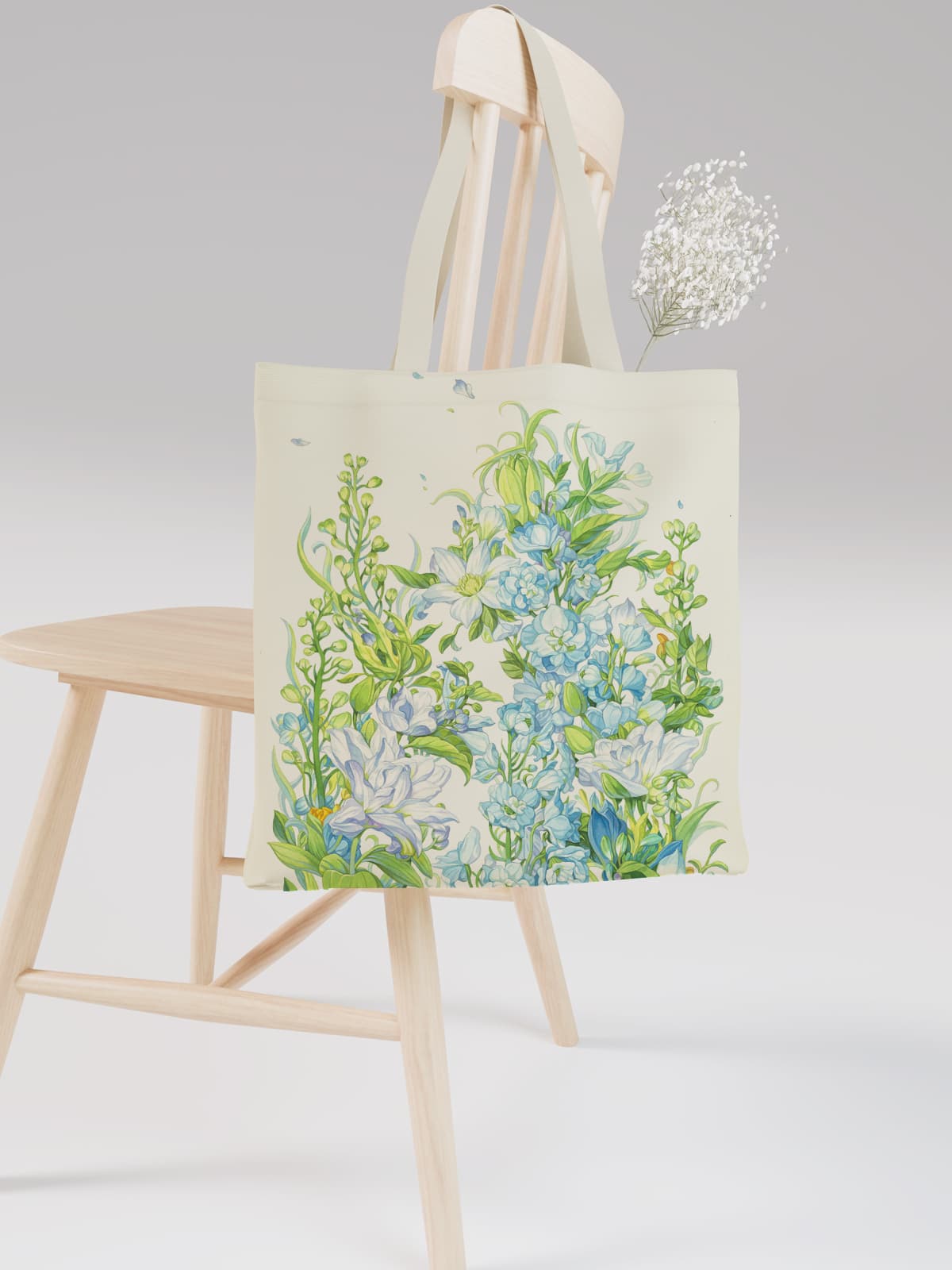 Blue Floral Arch Canvas Tote Bag, Serene Flower Print Shoulder Bag for Daily Use