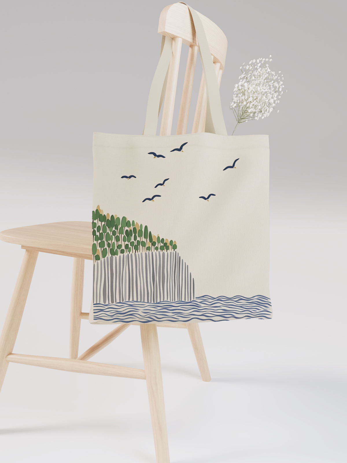 Coastal Cliff and Birds Tote Bag, Nature - Inspired Canvas Tote