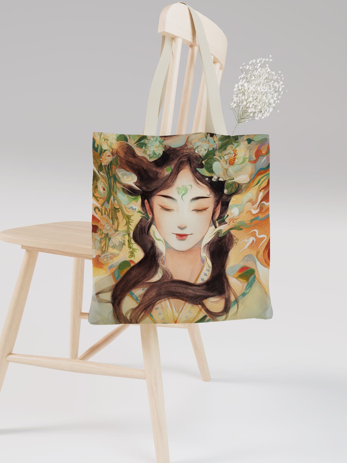 Artistic Woman Portrait Canvas Tote Bag, Boho - Style Floral Girl Shoulder Bag for Daily Use