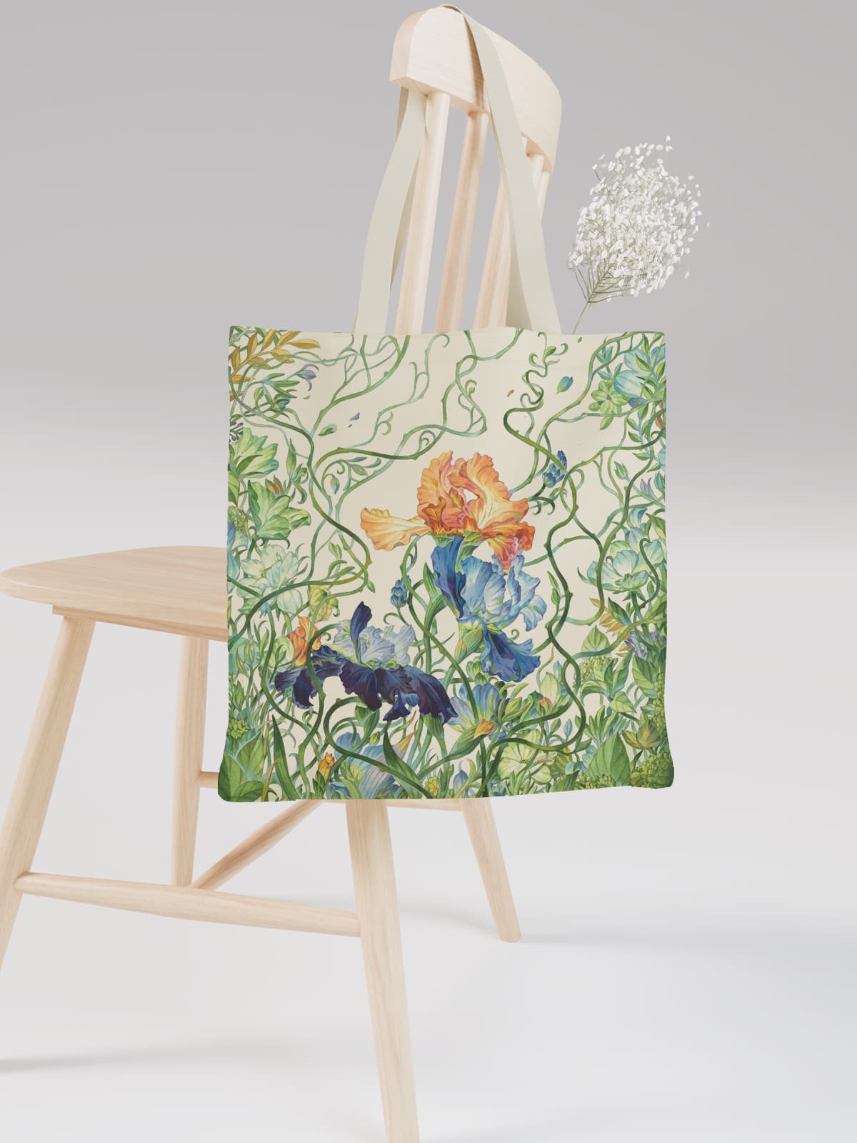 Art Nouveau Floral Canvas Tote Bag, Iris Flower Print Shoulder Bag for Daily Use