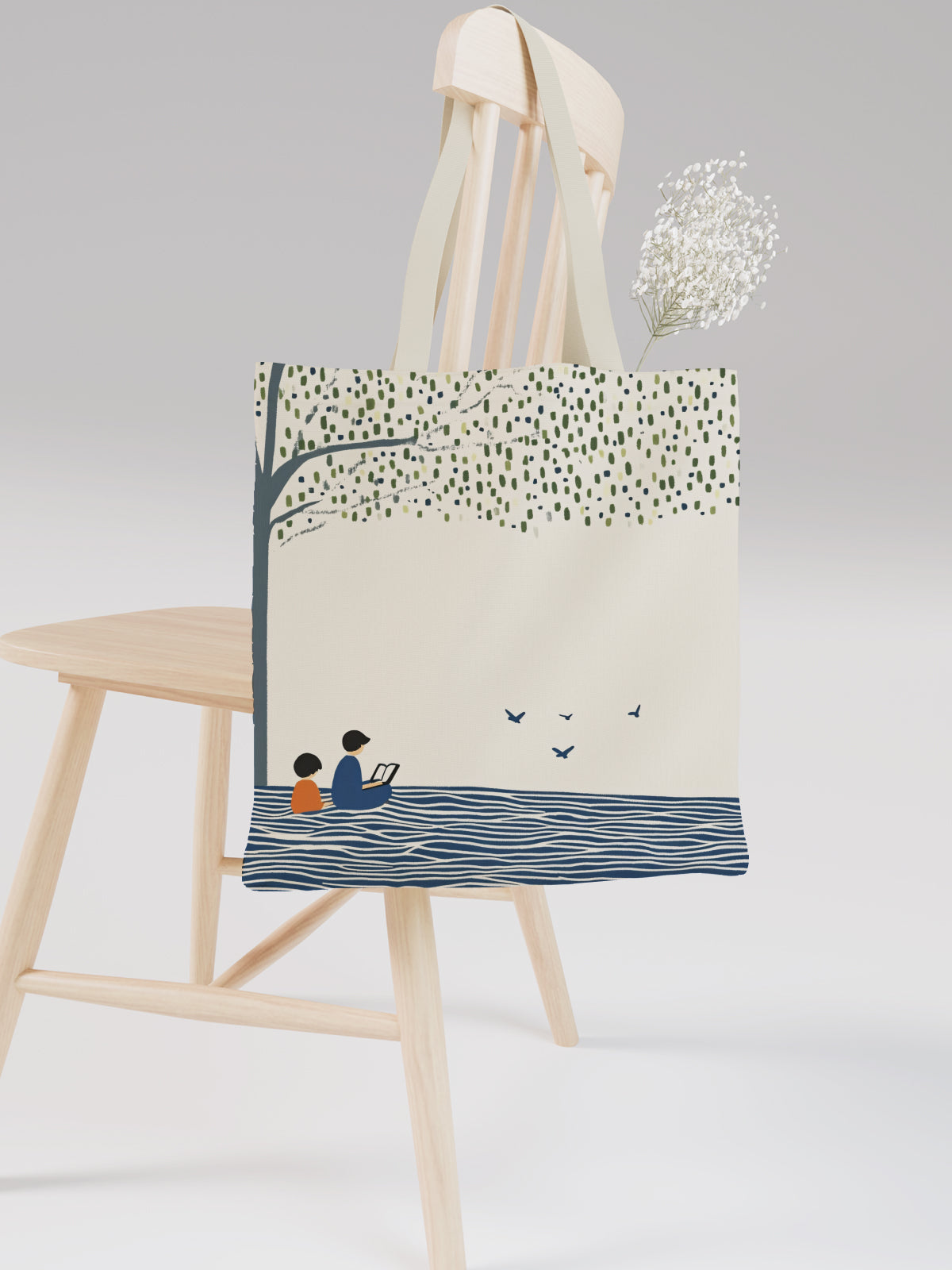 Reading by the Tree Tote Bag, Nature - Inspired Canvas Tote